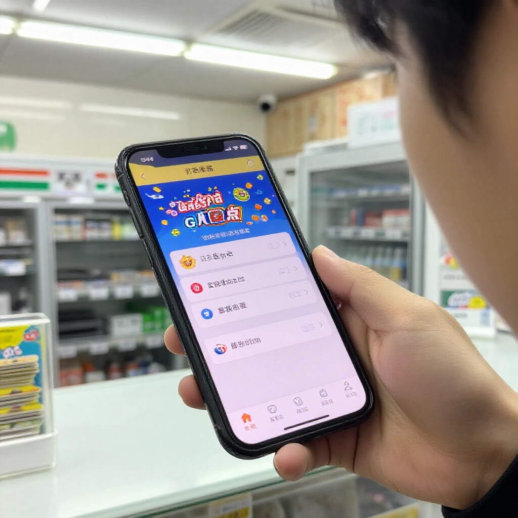 玩家在便利商店櫃檯買MyCard跟GASH點卡，用來充老子有錢，手機螢幕顯示App儲值選項，燈光明亮遊戲圖示繽紛