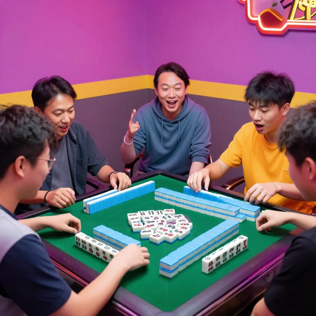 three enthusiastic players sitting around a mahjong table with simplified tile sets missing middle wan suits vibrant room lighting excited faces mid game action dynamic atmosphere