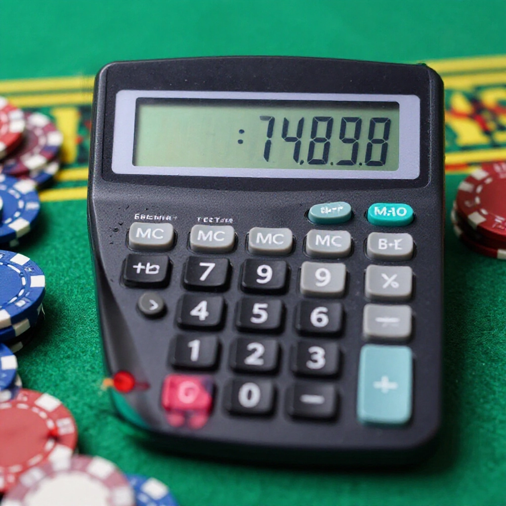 closeup of mathematical formula on digital calculator displaying effective bet amounts rebate percentages and turnover requirements with baccarat betting chips scattered around on green baize surface precise financial analysis atmosphere