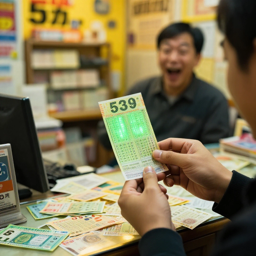台灣彩券行櫃檯興奮玩家手持中二碼539彩票，綠光獎單閃爍50元，暖黃燈光票券散落熱鬧氣氛
