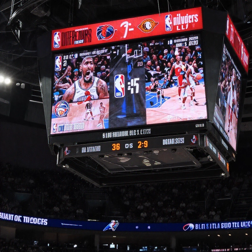 NBA 比賽計分板顯示兩隊比分咬緊，球員躍起爭球，汗水飛濺的緊張時刻