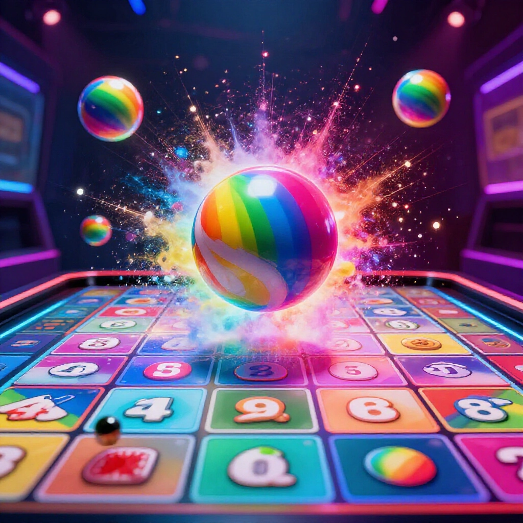 Rainbow ball landing on bingo grid triggering full board color explosion and extra balls animation with sparkling effects and dynamic lights in energetic gaming atmosphere