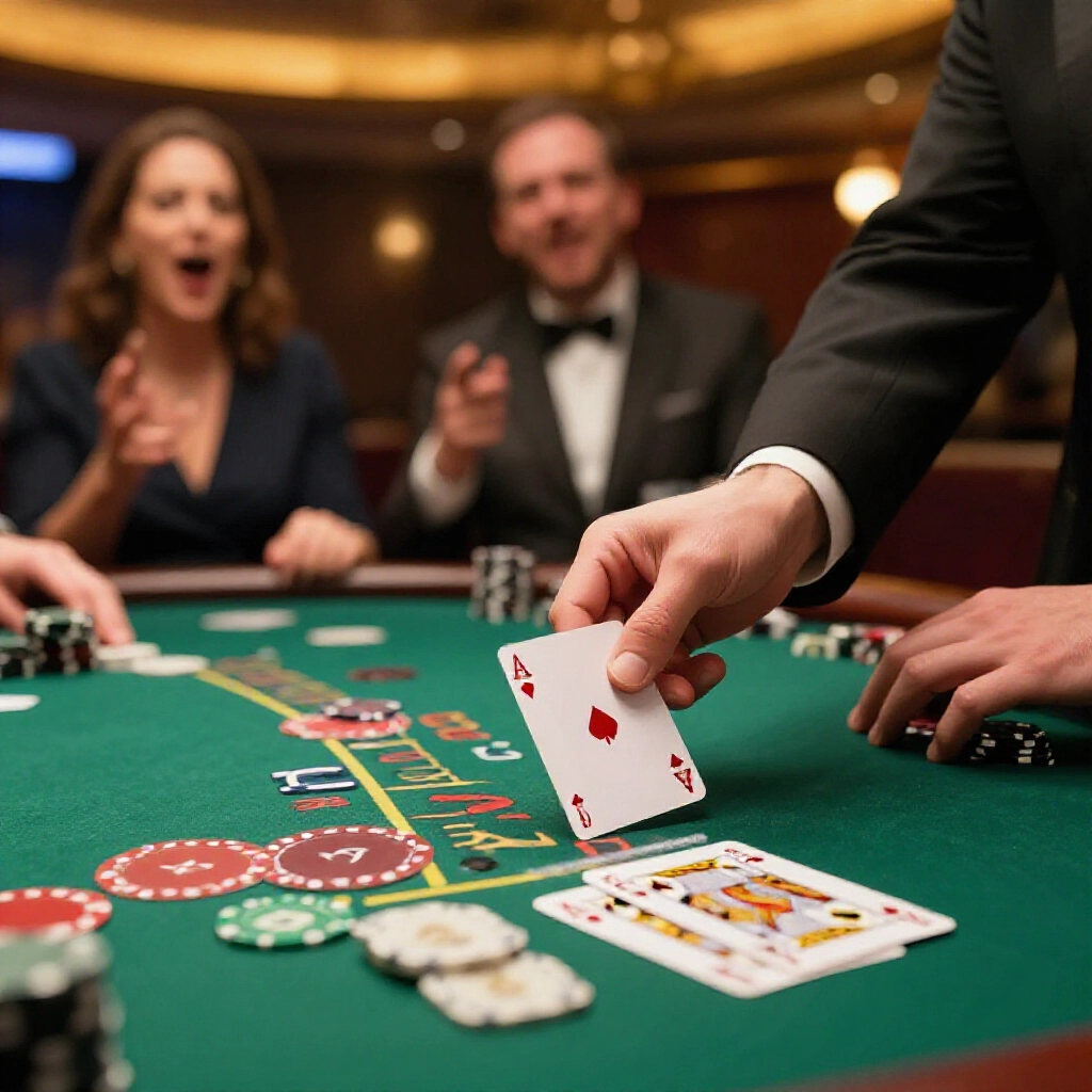 莊家翻開暗牌露Ace加國王Blackjack，背景玩家興奮反應，經典21點桌下暖光