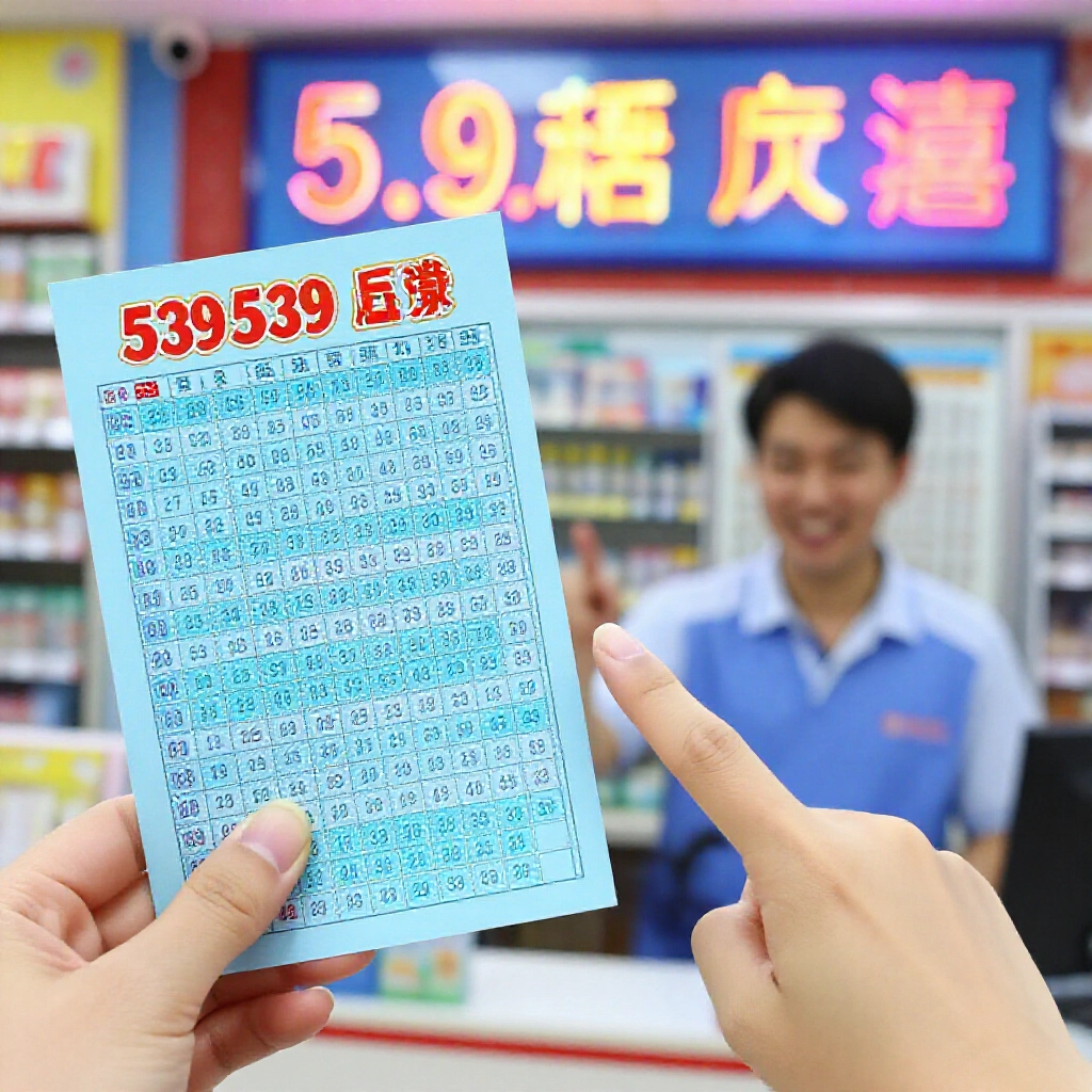 彩色彩票店顧客指39樂合彩二合單，對比539彩票，霓虹燈亮數字輪盤藍光親切店員笑臉