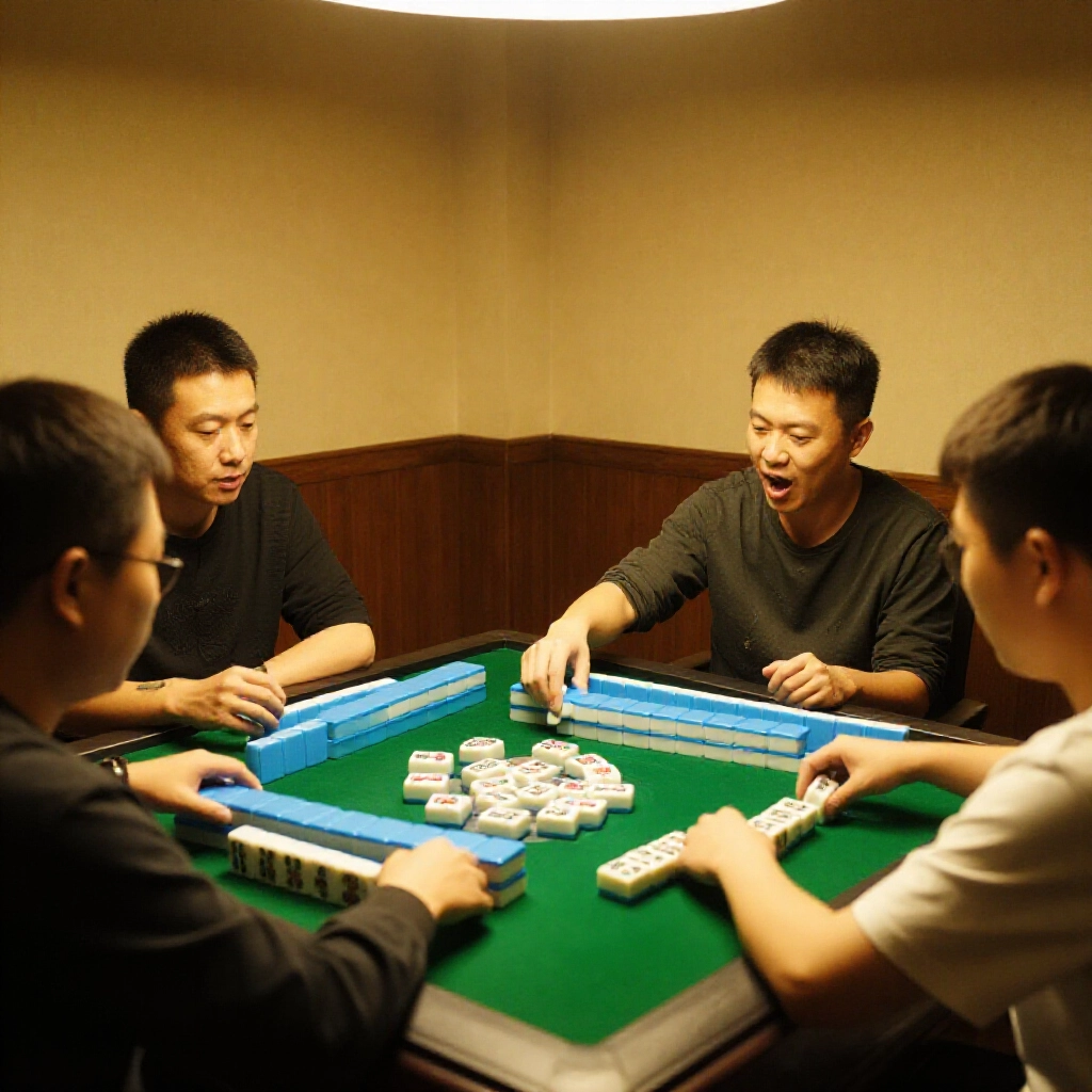 四位玩家圍坐在傳統麻將桌前，昏黃燈光下綠色桌氈上散落台灣麻將牌，其中一人興奮從牌牆抽中贏牌，其他人專注注視