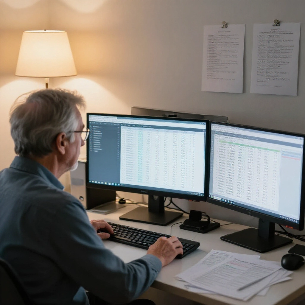 senior player intently studying hot cold number graphs on multiple monitors in a focused home office with soft lamp light and strategy notes scattered around