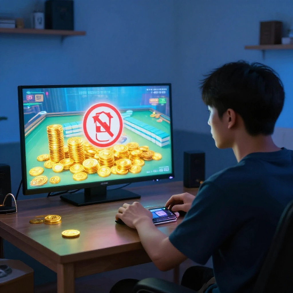 夜晚舒適遊戲房,台灣玩家專注盯著麻將畫面,金幣堆疊閃耀,紅色警告圖示懸浮其上