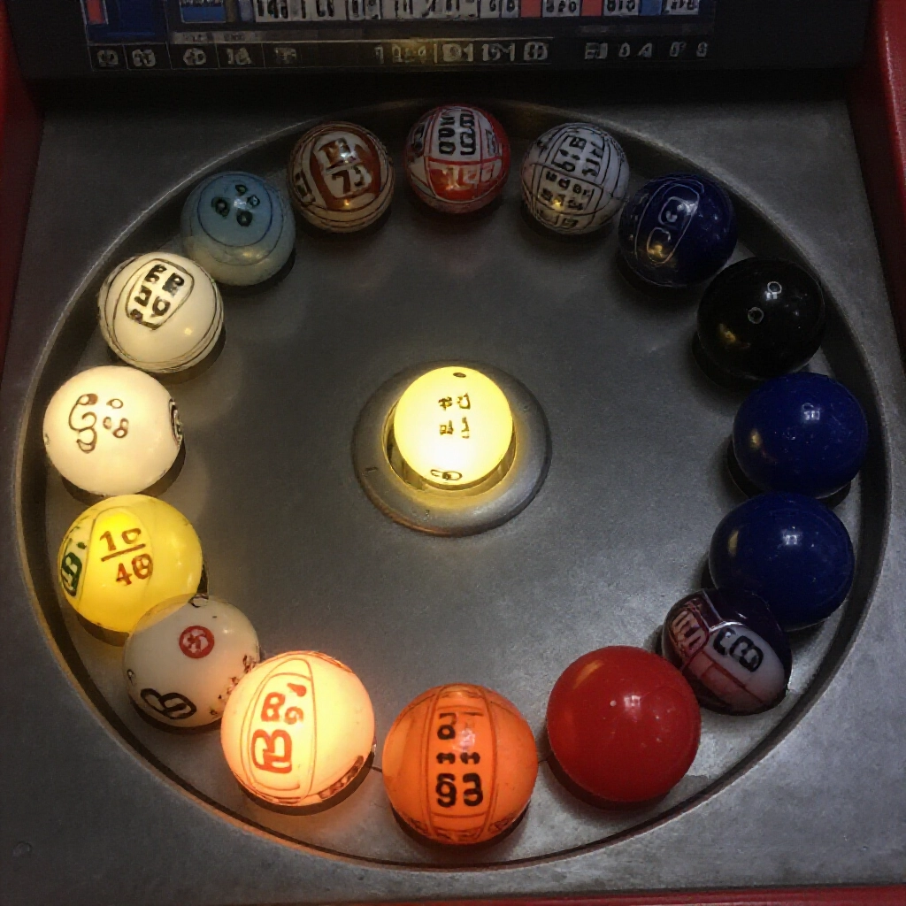 circle of thirty nine lottery balls five brightly lit as drawn others dimming progressively to show rising omission values in a mechanical drawing machine setting
