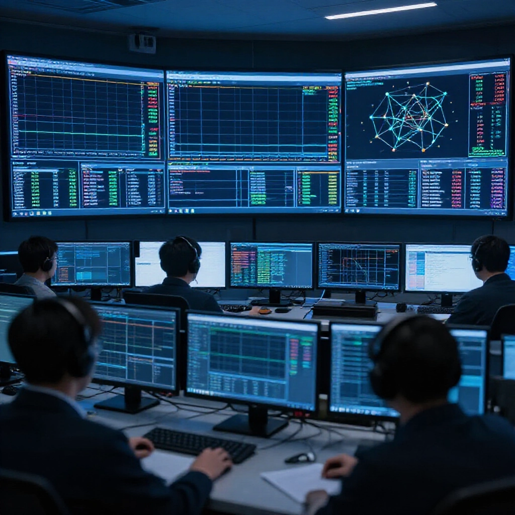 high tech security control room with multiple monitors showing ip tracking graphs betting time differences and linked account networks analysts monitoring arbitrage patterns in dark blue tones tense cybersecurity vibe