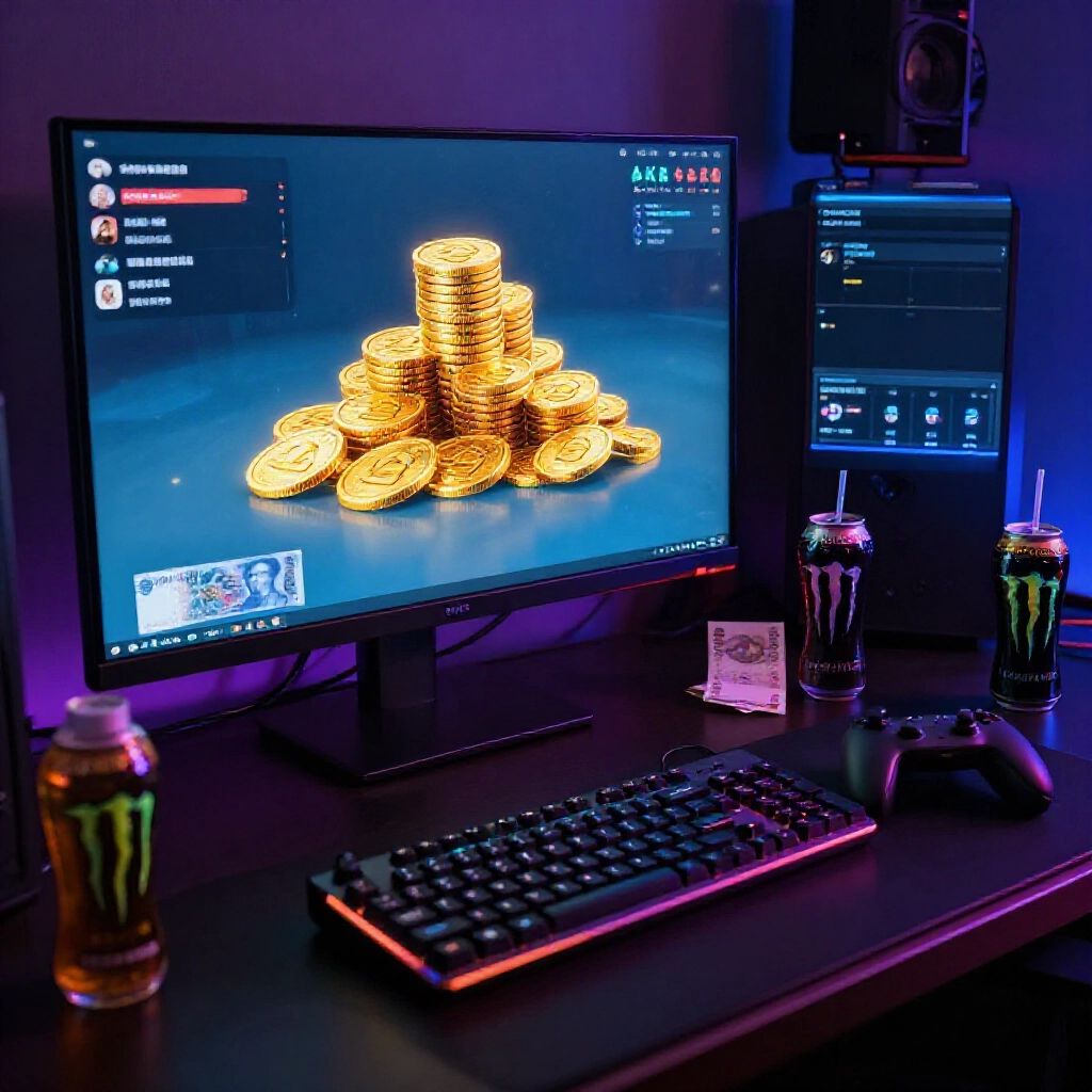 gamer at desk with glowing screen showing virtual gold coins stacking up next to taiwanese banknotes and line chat with merchant in dimly lit room full of energy drinks and game controllers