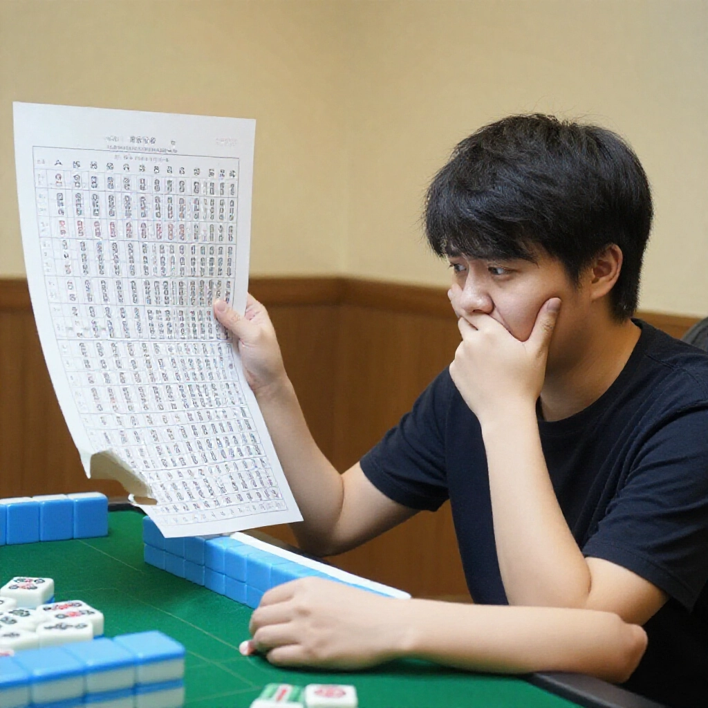 台灣玩家從16張轉13張麻將，露出困惑表情研究小手牌布局，周邊機率圖顯示組合路徑變窄，快節奏遊戲氛圍