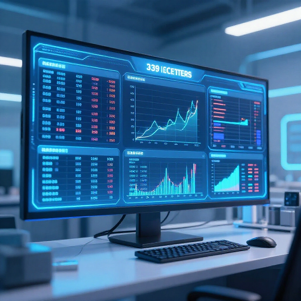 digital dashboard showing 539 lottery historical data charts with AI probability models in a modern tech lab under soft neon blue lighting