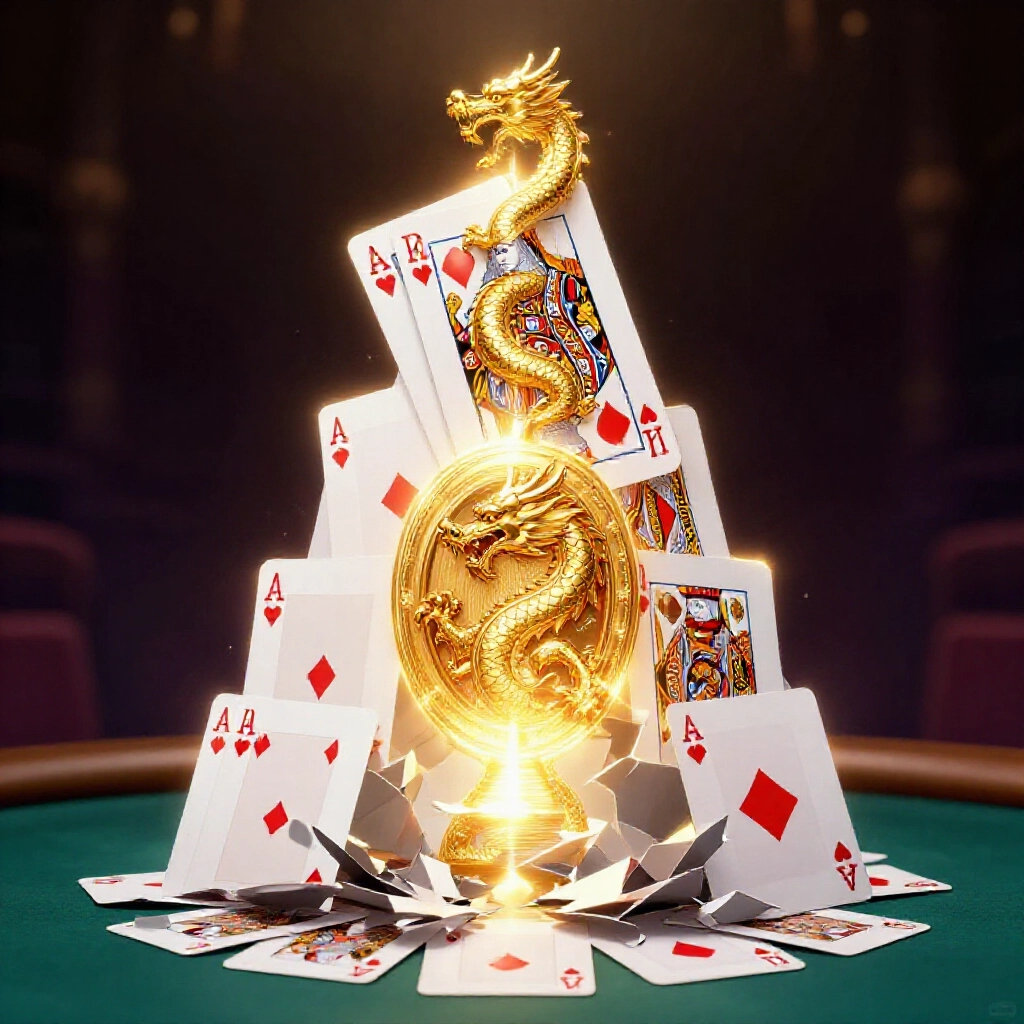撲克牌型金字塔，一條龍高聳壓過皇家同花順鐵支葫蘆，下方牌型崩塌，金龍徽章輝煌
