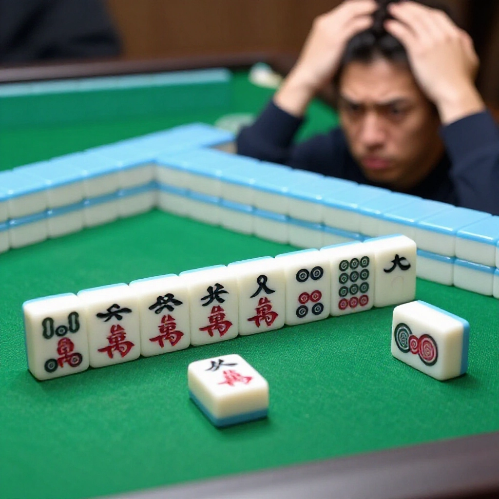 台灣麻將手牌17張超標，玩家抓頭困惑，綠氈桌近拍，柔光凸顯多餘一張
