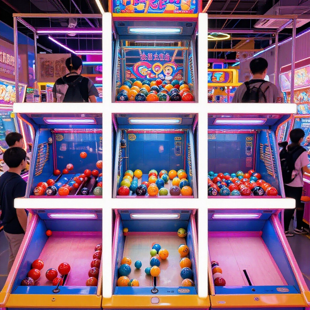 Vibrant arcade machine displaying five by five grid with colorful balls dropping into slots under neon lights in bustling Taiwanese game hall with excited players watching