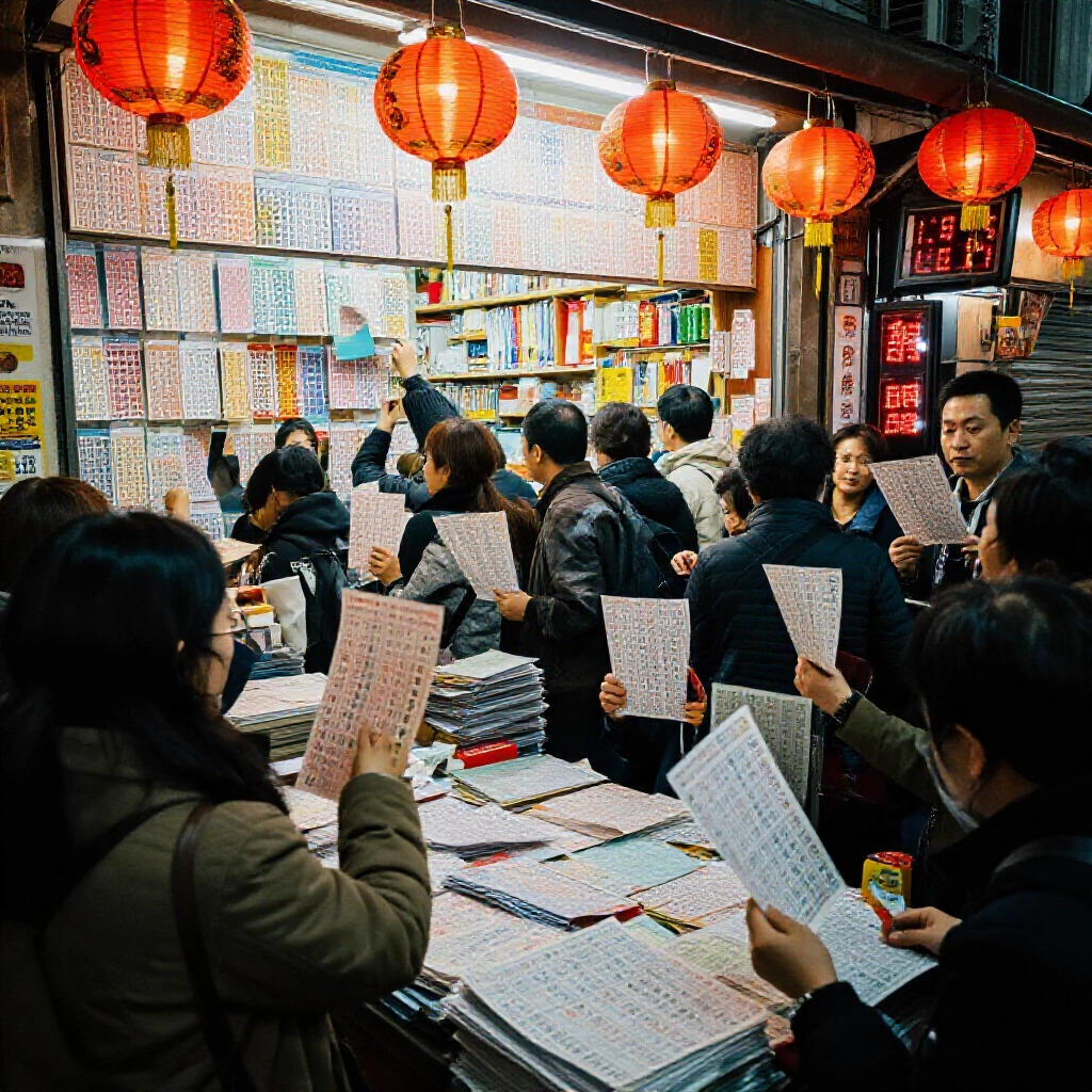 夜晚台灣彩票店熱鬧景象，顧客在紅燈籠下挑選威力彩第一區01-38的6個號碼與第二區01-08的1個號碼