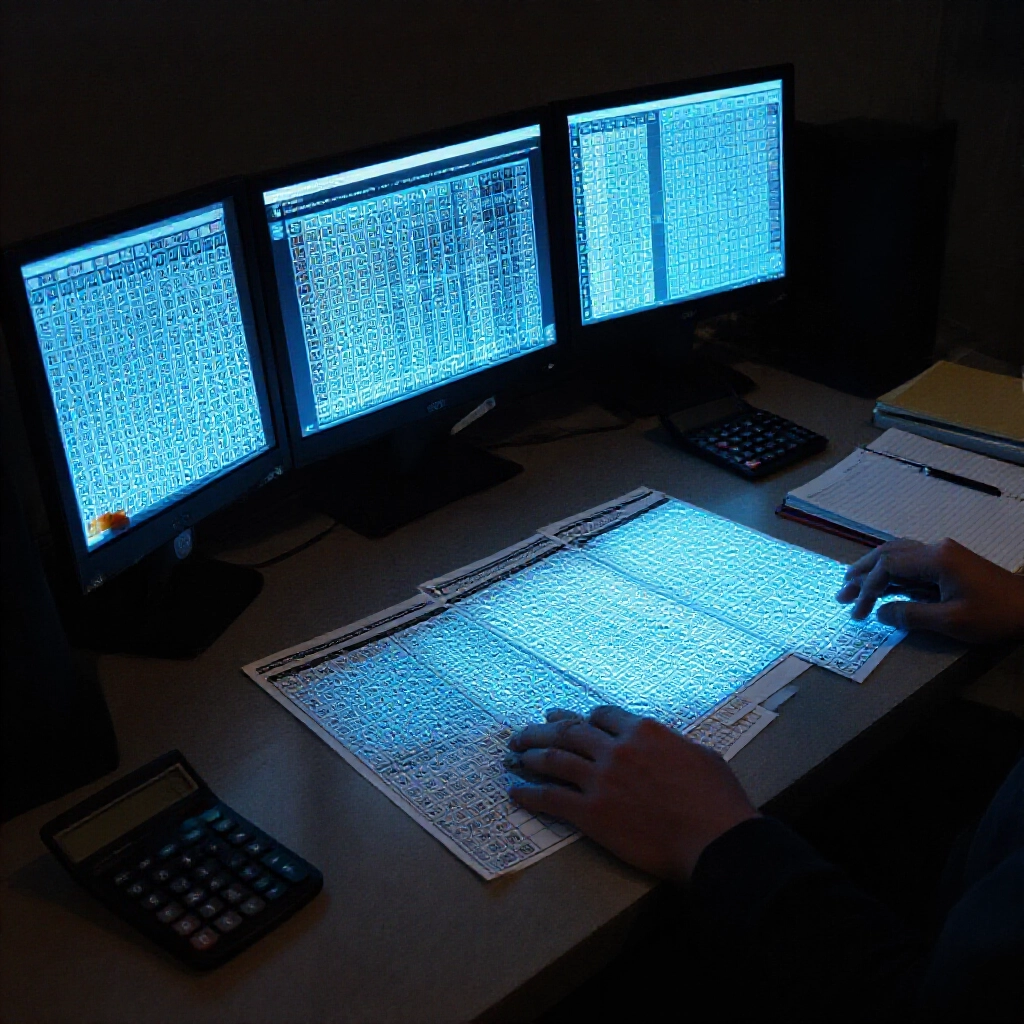 dimly lit lottery analysis desk with scattered number charts glowing screens displaying omission trends in cool blue tones surrounded by calculators and notebooks