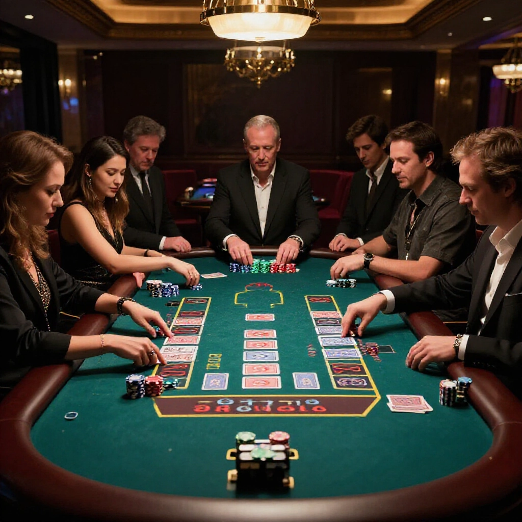 dimly lit luxurious casino interior with baccarat table surrounded by focused players placing bets on banker and player sides glowing chips and cards under soft ambient lighting evoking excitement of rebate calculations