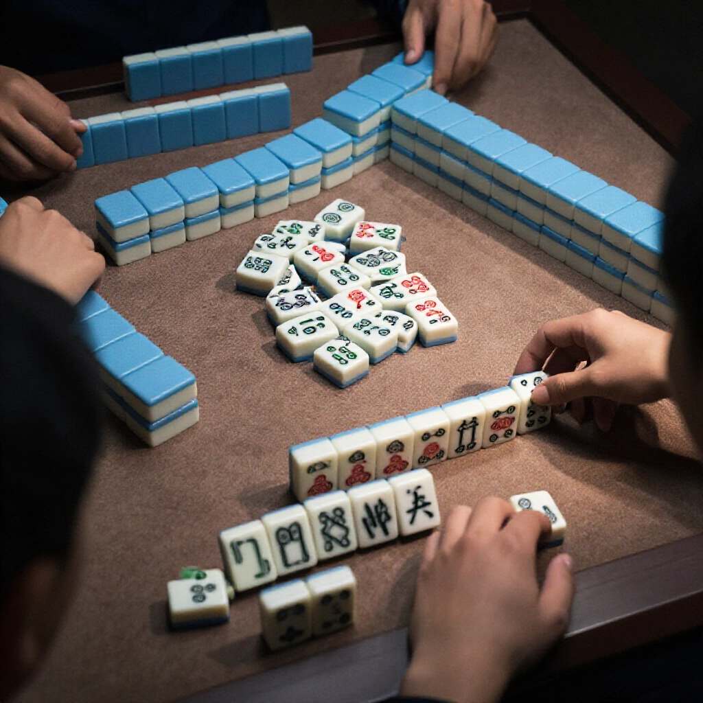 players taking turns drawing tiles from mahjong wall avoiding eating only pong and kong allowed tense expressions calculating remaining stacks eight pairs left as bottom reserve dramatic shadows strategic focus
