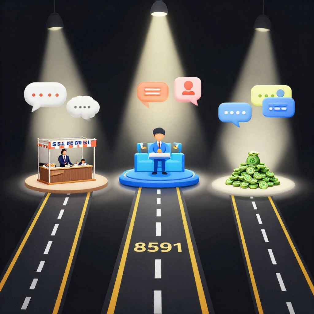 three pathways illustrated as roads one leading to professional merchant booth another to secure 8591 platform and third to casual group chat bubbles all converging on cash pile under spotlights